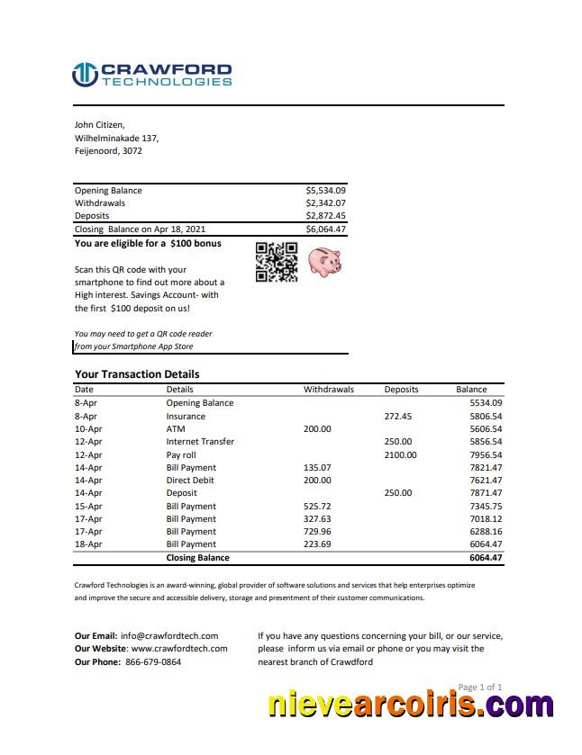 Netherlands (Holland) Crawford Technologies Bank statement easy to fill in Excel and PDF format